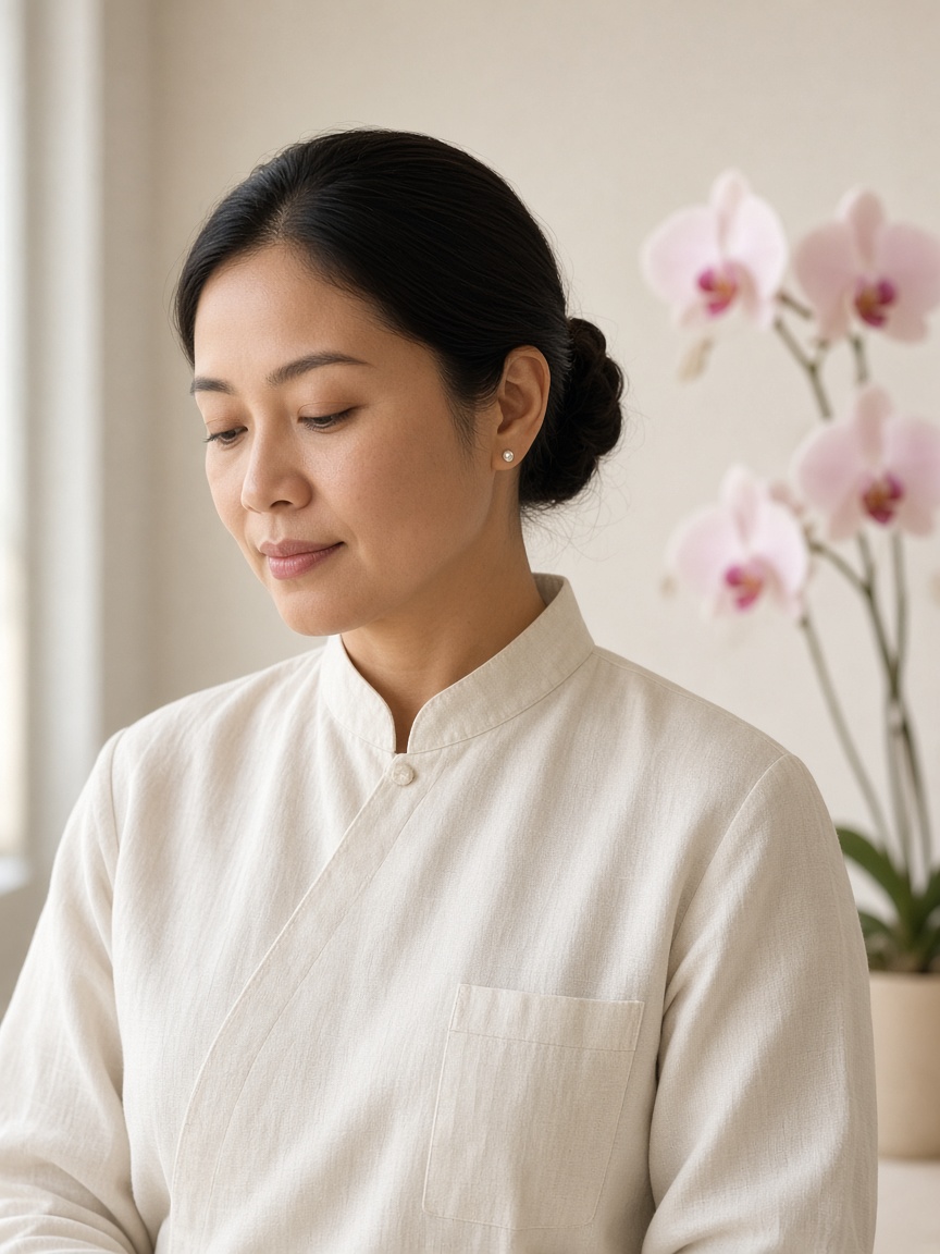 A therapist in an ivory uniform, eyes lowered, with orchids behind her